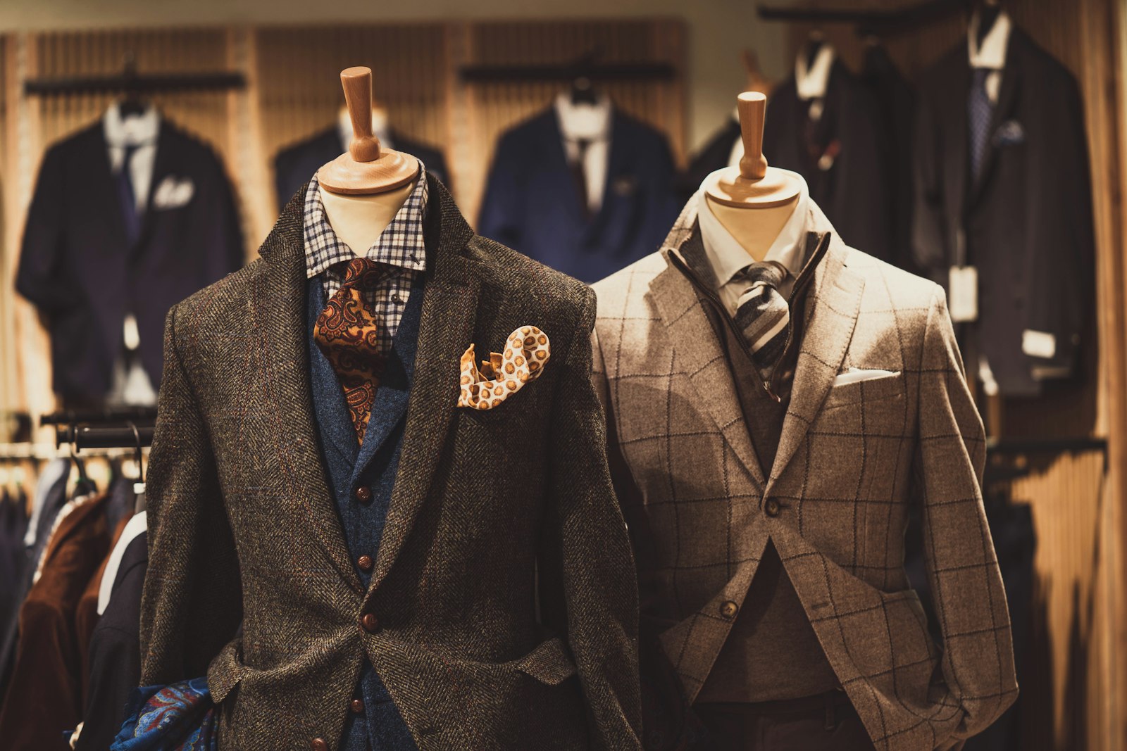 Tweed jackets with silk pocket squares dressed on tailor's forms in the atelier